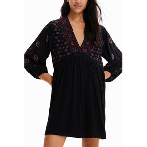 Desigual Women's Black Embroidered V Neck Dress XL Boho